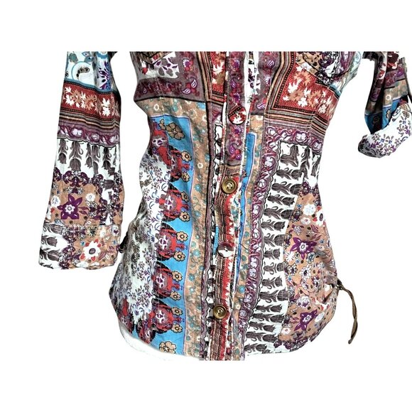 Crown of Hearts Shirt Womens Size S Top Boho Patchwork Button Down Collared Adj - Picture 3 of 16